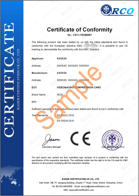 欧盟CE认证_CE证书样本